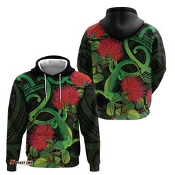 new zealand gecko hoodie aotearoa maori with pohutukawa flowers