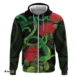 new zealand gecko hoodie aotearoa maori with pohutukawa flowers