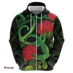 new zealand gecko hoodie aotearoa maori with pohutukawa flowers