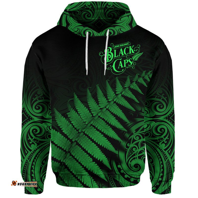 custom personalised new zealand kiwis cricket team zip up and pullover hoodie black caps silver fern mixed maori pattern version green