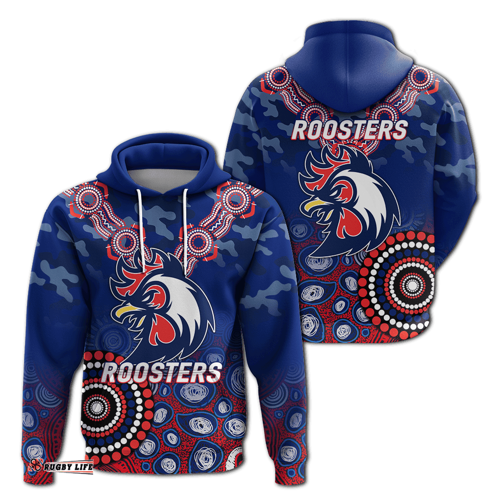 roosters rugby anzac day camouflage indigenous art hoodie