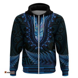 blue african dashiki with aotearoa maori hoodie paua shell mix silver fern