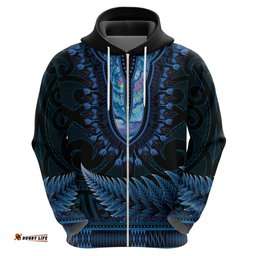 blue african dashiki with aotearoa maori hoodie paua shell mix silver fern