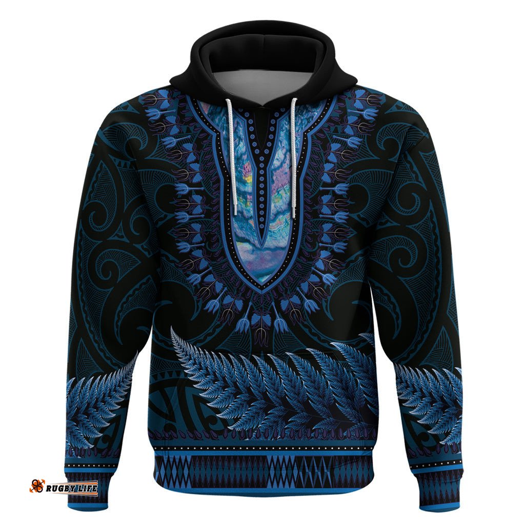 blue african dashiki with aotearoa maori hoodie paua shell mix silver fern