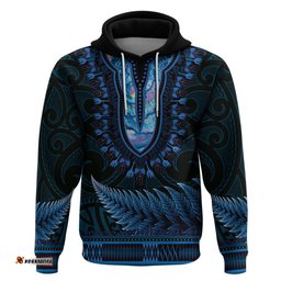 blue african dashiki with aotearoa maori hoodie paua shell mix silver fern