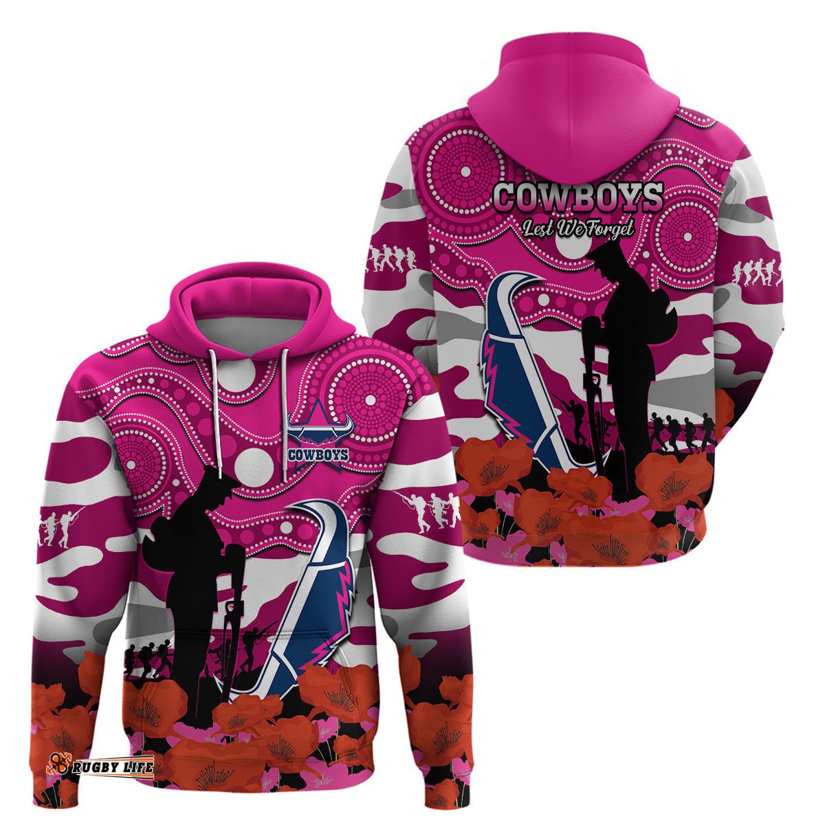 cowboys rugby anzac hoodie poppy mix aboriginal magenta version