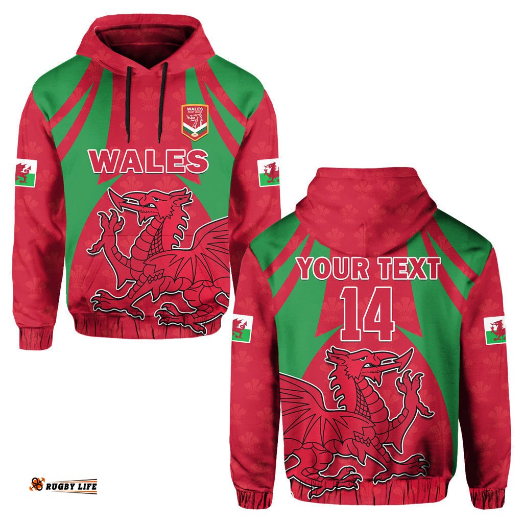 custom text and number wales rugby hoodie the dragons national team come on cymru
