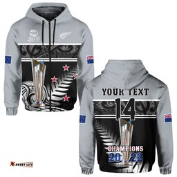 custom text and number new zealand cricket hoodie black caps champions mens t20 wc