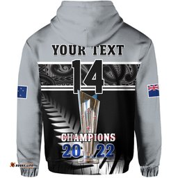 custom text and number new zealand cricket hoodie black caps champions mens t20 wc