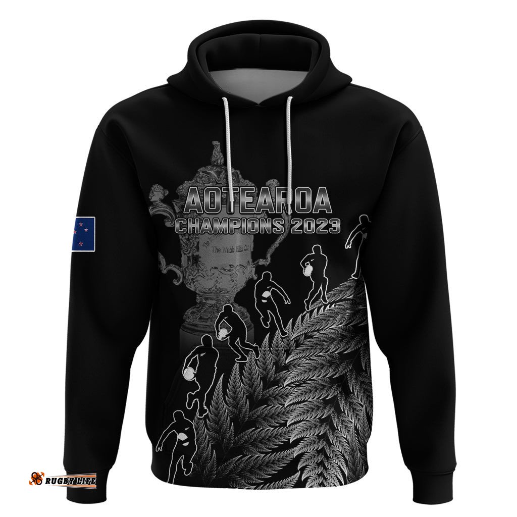 custom new zealand silver fern rugby hoodie all black go champions with trophy proud