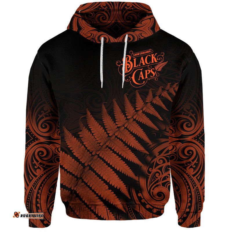 custom personalised new zealand kiwis cricket team zip up and pullover hoodie black caps silver fern mixed maori pattern version orange