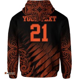 custom personalised new zealand kiwis cricket team zip up and pullover hoodie black caps silver fern mixed maori pattern version orange