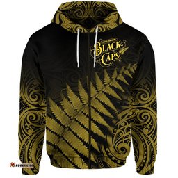custom personalised new zealand kiwis cricket team zip up and pullover hoodie black caps silver fern mixed maori pattern version gold