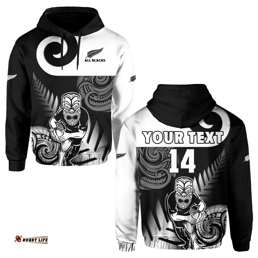 custom text and number new zealand silver fern rugby hoodie all black maori koru