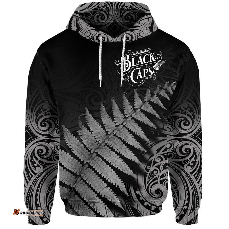 custom personalised new zealand kiwis cricket team zip up and pullover hoodie black caps silver fern mixed maori pattern version black