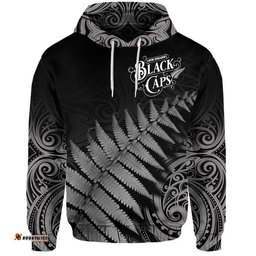 custom personalised new zealand kiwis cricket team zip up and pullover hoodie black caps silver fern mixed maori pattern version black