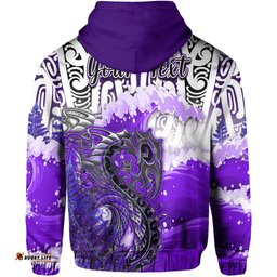 custom personalised manaia maori hoodie fern aotearoa purple waves