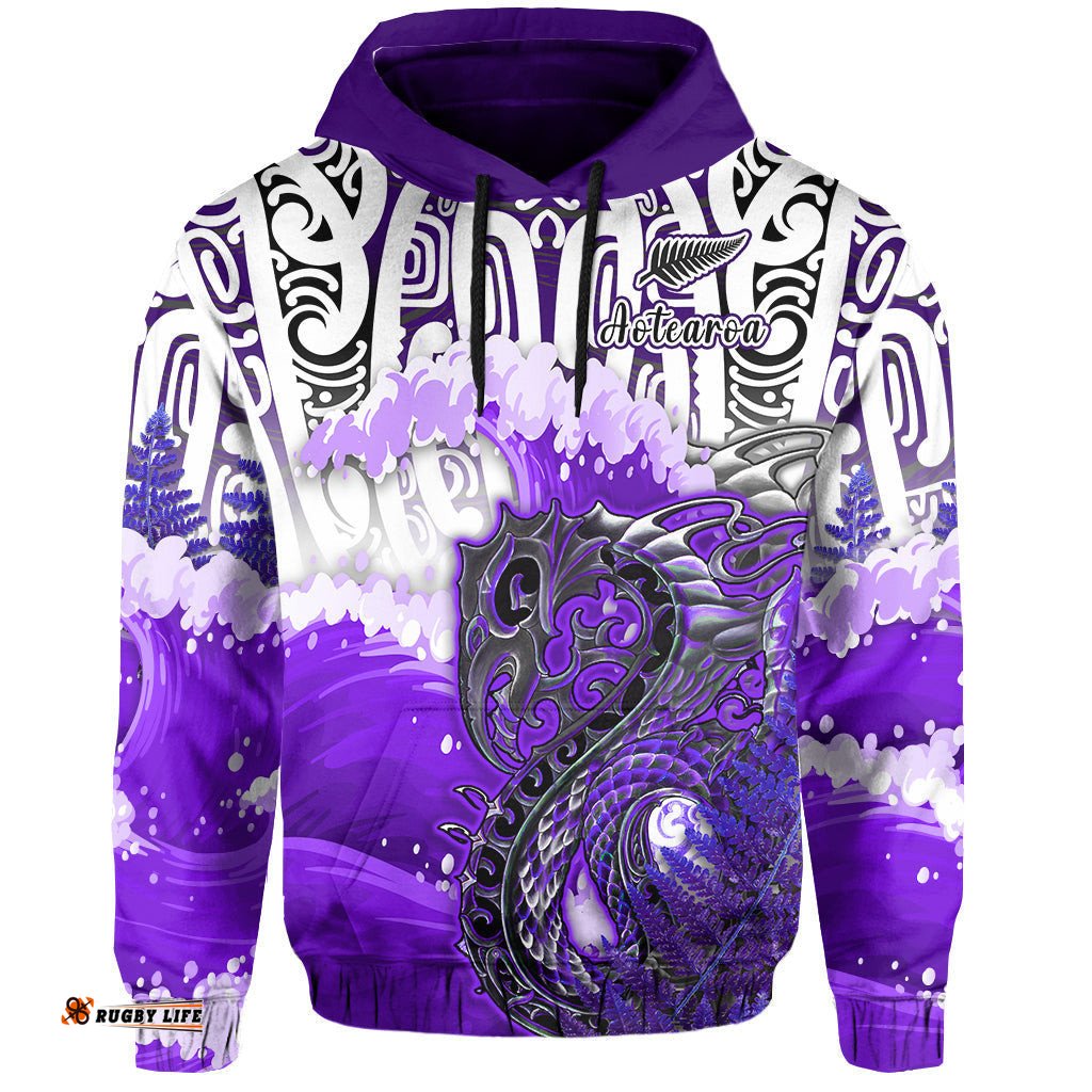 custom personalised manaia maori hoodie fern aotearoa purple waves