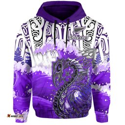 custom personalised manaia maori hoodie fern aotearoa purple waves