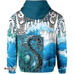 custom personalised manaia maori hoodie fern aotearoa blue waves