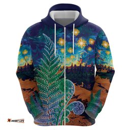 personalised new zealand matariki art star hoodie koru fern night starry sky
