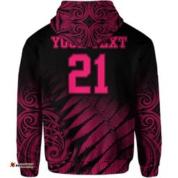 custom personalised new zealand kiwis cricket team zip up and pullover hoodie black caps silver fern mixed maori pattern version pink