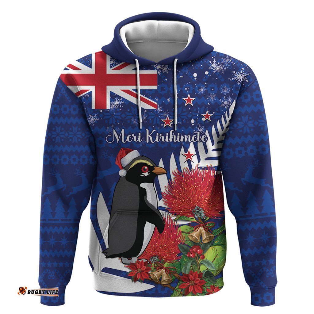 new zealand christmas in july hoodie fiordland penguin with pohutukawa flower