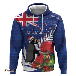 new zealand christmas in july hoodie fiordland penguin with pohutukawa flower