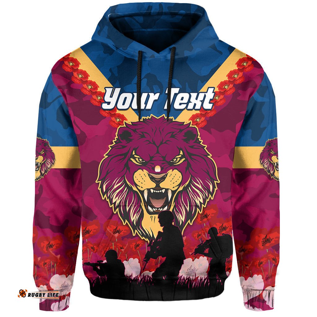 custom personalised lions anzac hoodie brisbane brissie poppy flowers