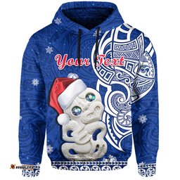 custom personalised new zealand christmas hoodie hei tiki blue pohutukawa meri kirihimete