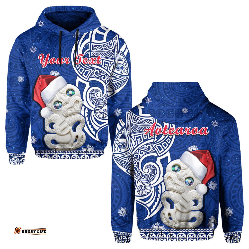 custom personalised new zealand christmas hoodie hei tiki blue pohutukawa meri kirihimete