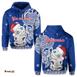 custom personalised new zealand christmas hoodie hei tiki blue pohutukawa meri kirihimete
