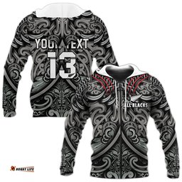 custom text and number new zealand silver fern rugby hoodie all black nz maori pattern