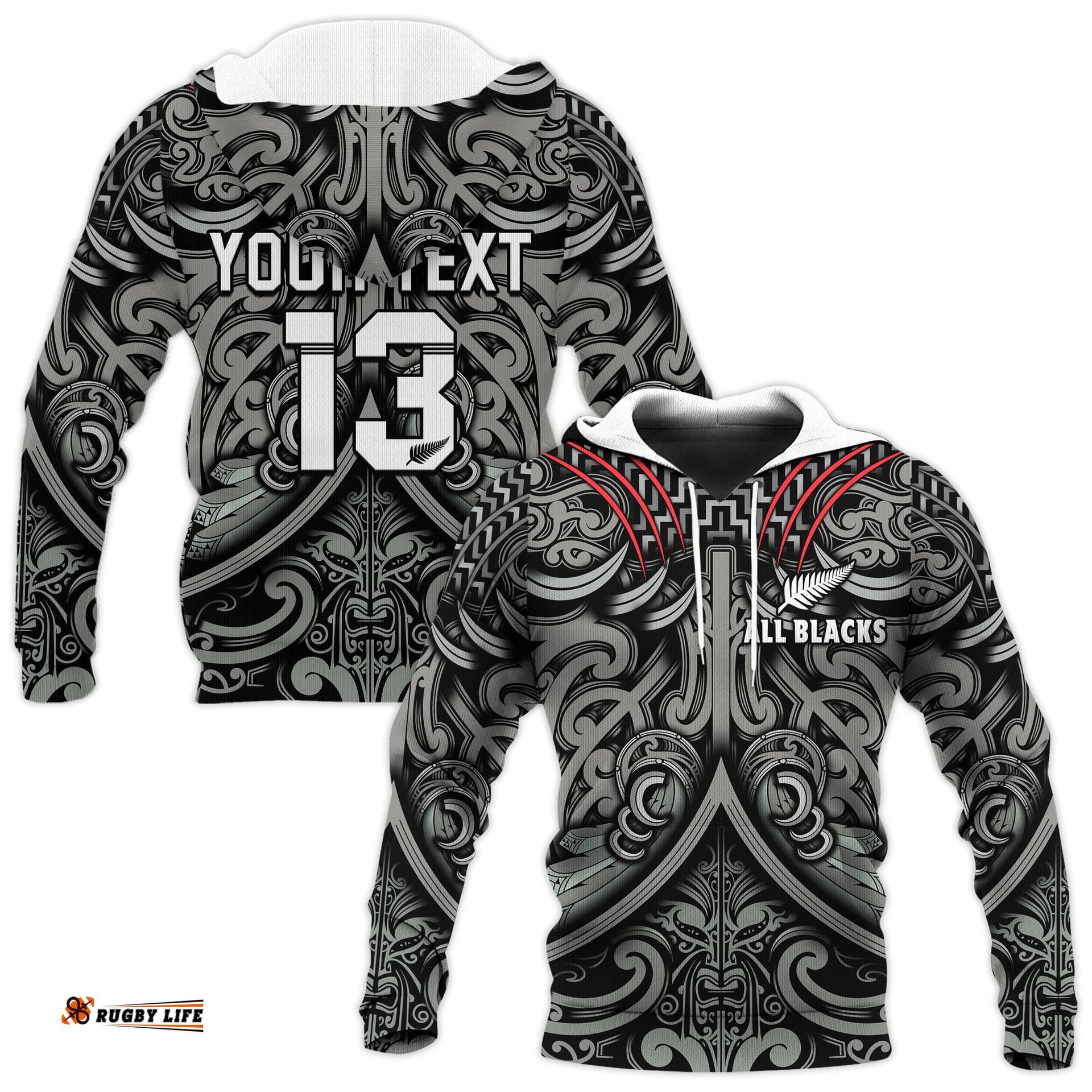 custom text and number new zealand silver fern rugby hoodie all black nz maori pattern