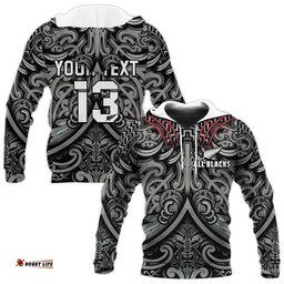 custom text and number new zealand silver fern rugby hoodie all black nz maori pattern