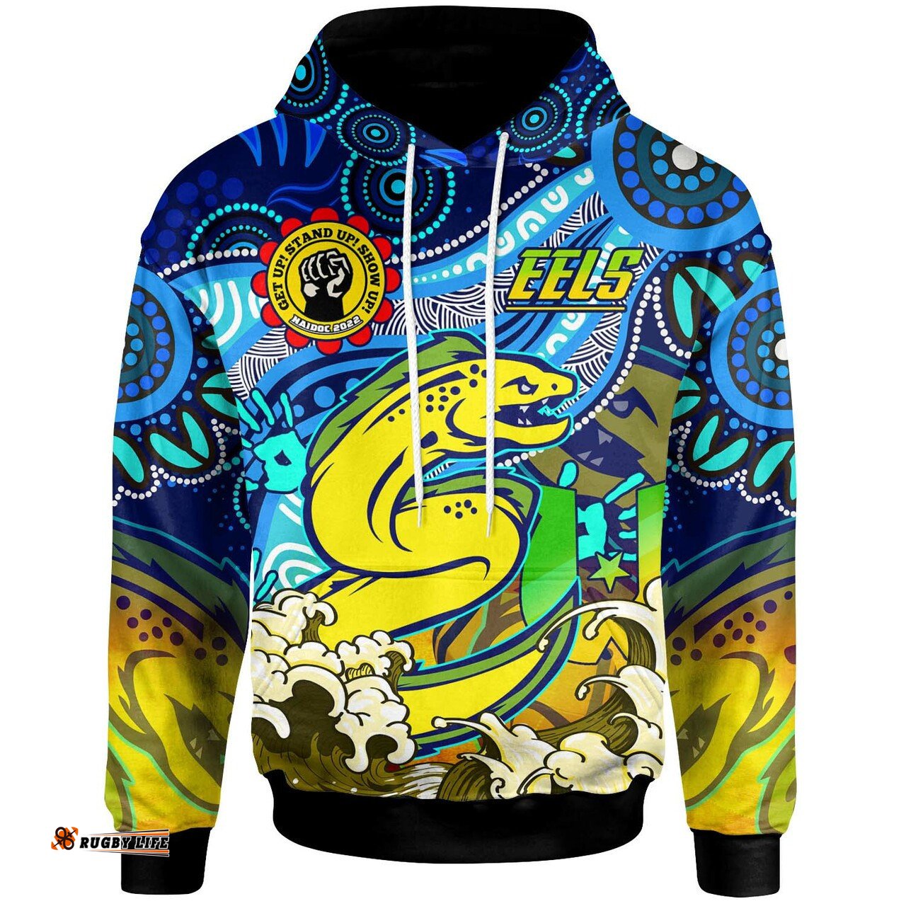 eels rugby hoodie custom paramata eels naidoc week celebrations "get up stand up show up" with aboriginal patterns hoodie rlt12