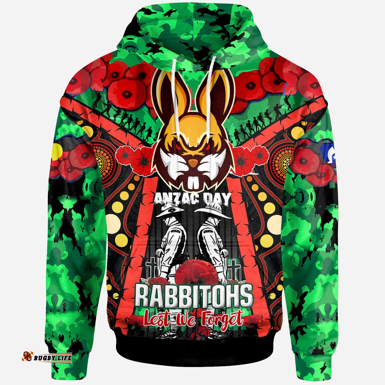 rabbitohs rugby aboriginal anzac day custom watercolour hoodie remembrance indigenous rabbitohs with poppy flower