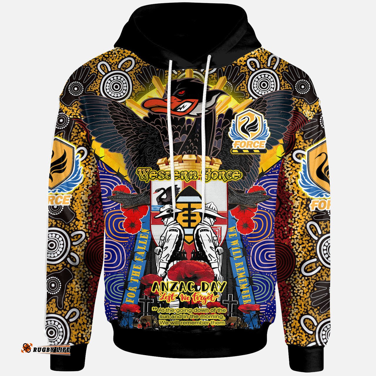 force rugby custom hoodie remembrance western force with black swan aboriginal patterns and poppy flower rlt12