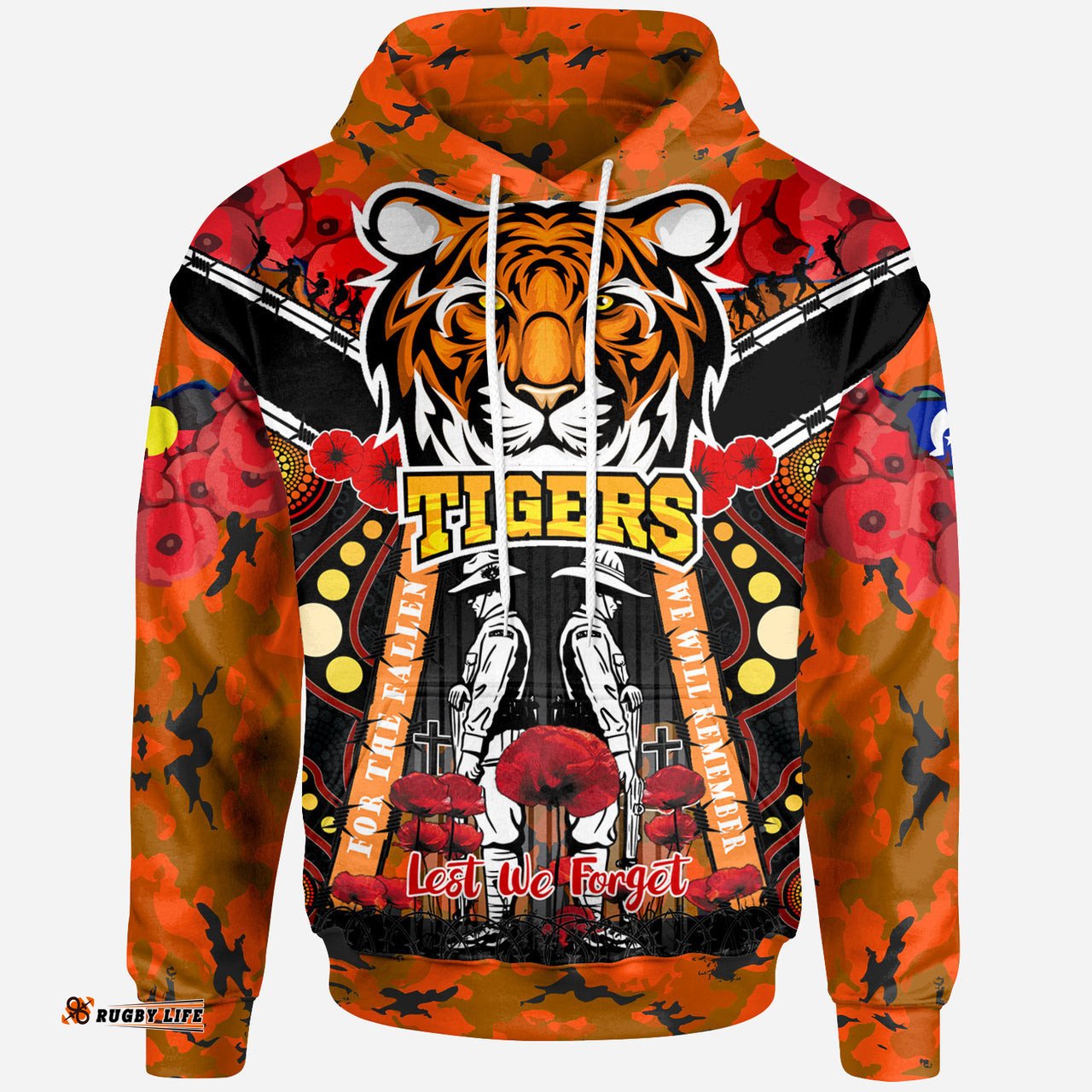 tigers rugby anzac day watercolour hoodie custom remembrance west tigers with poppy flower