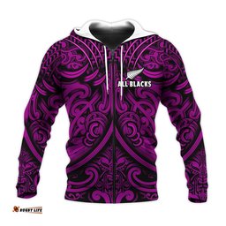 custom text and number new zealand silver fern rugby hoodie all black purple nz maori pattern