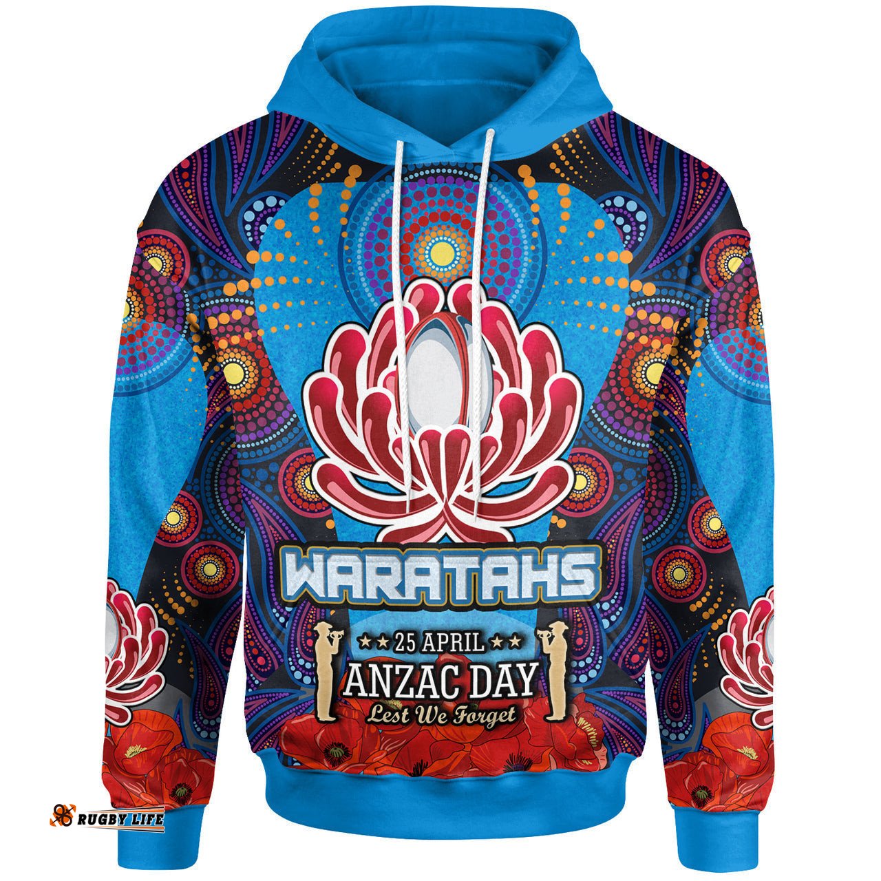 waratahs rugby hoodie aboriginal anzac day "lest we forget" waratah and poppy flower patterns hoodie rlt12