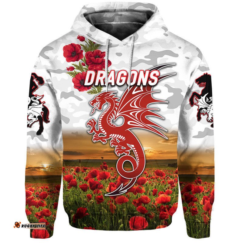 st george illawarra dragons anzac zip up and pullover hoodie poppy flowers vibes white