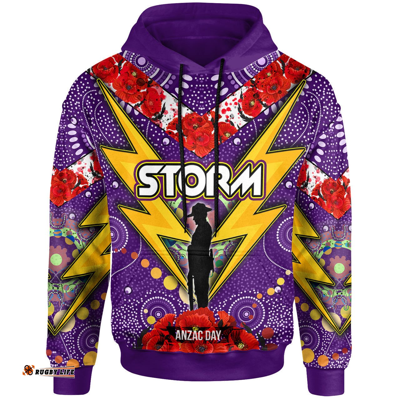 storm rugby hoodie aboriginal anzac day soldier lightning with poppy flower patterns hoodie rlt12