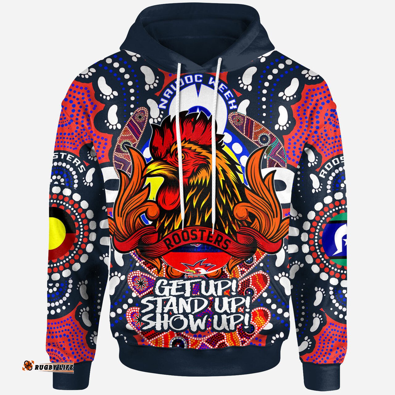 rooters rugby hoodie sydney roosters naidoc week celebrations with aboriginal footprint and boomerangs dot art hoodie rlt12