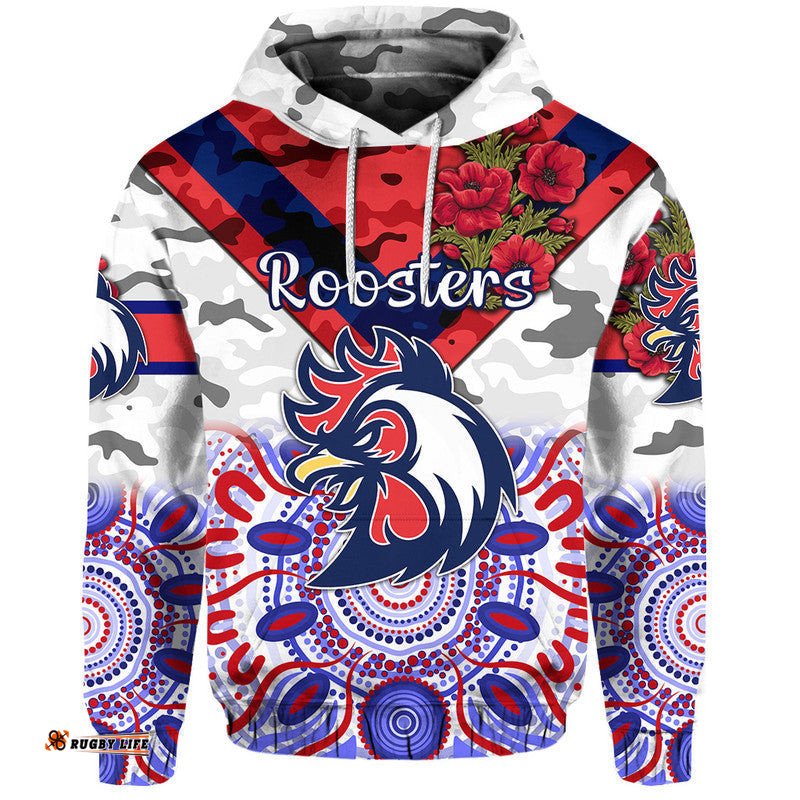 custom personalised sydney roosters anzac zip up and pullover hoodie indigenous vibes white
