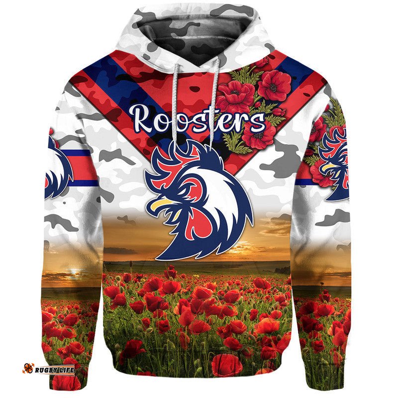 custom personalised sydney roosters anzac zip up and pullover hoodie poppy flowers vibes white