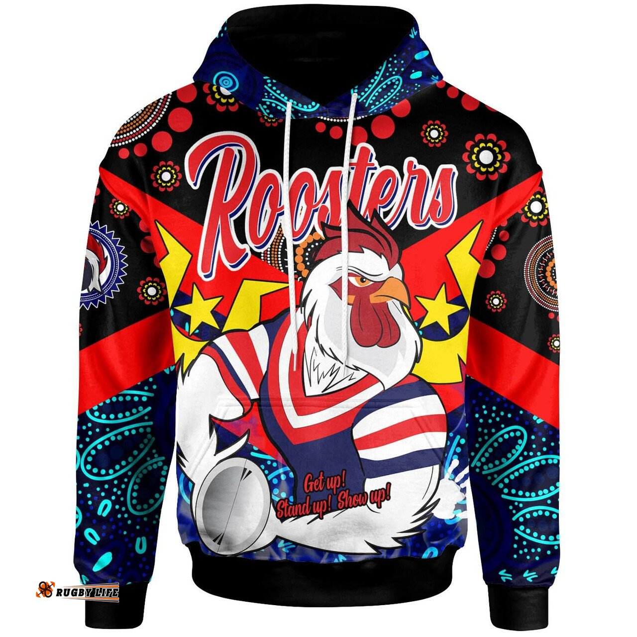 rooster rugby hoodie custom naidoc week sydney rooster with rugby ball aboriginal culture and torres strait rlt12