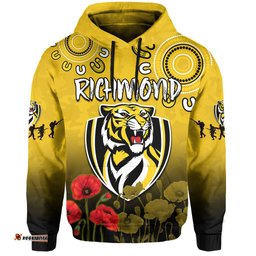 custom text and number richmond anzac hoodie tigers aboriginal poppy