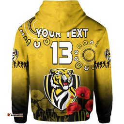custom text and number richmond anzac hoodie tigers aboriginal poppy