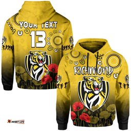 custom text and number richmond anzac hoodie tigers aboriginal poppy